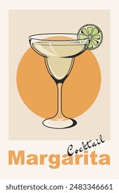 Margarita classic Cocktail retro poster. A popular drink. Cocktail. Vintage flat vector illustration for bar, restaurant, kitchen, wall print.