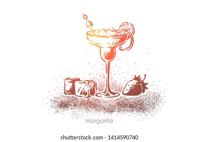 Margarita closeup, delicious refreshment, tequila with ice and lemon slice, luxury beverage glass with strawberry