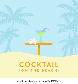 Margarita cocktail and bar table on a palm silhouette background. Tropical vacation illustration.