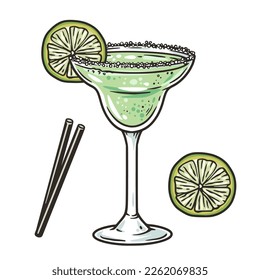 Margarita cocktail for beach bar. Green alcohol cocktail with lime and salt for bar menu or summer party