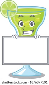 Margarita cocktail cartoon design style standing behind a board