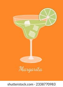 Margarita cocktail concept. Tasty liquid and beverage for summertime. Cold alcohol with lime and ice. Template, layout and mock up. Cartoon flat vector illustration isolated on orange background