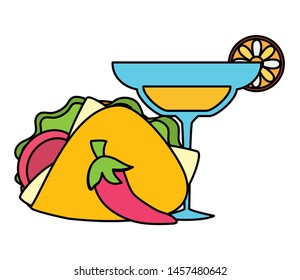 margarita cocktail cup drink with chili peppers and taco vector illustration design