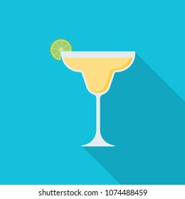 Margarita cocktail flat icon with long shadow isolated on blue background. Simple alcoholic drink in flat style, vector illustration.