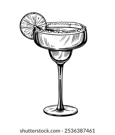 Coquetel de margarita, vidro com bebida alcoólica, esboço realista, estilo vintage, ilustração vetorial desenhada à mão