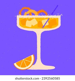 Margarita cocktail glass. Cold alcohol drink with orange and zest. Tropical liquid with ice cubes and straw. Orange cocktail in glass on a stem. Vector flat illustration with texture. Beverage for bar