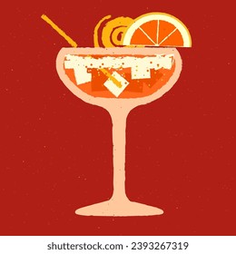 Margarita cocktail glass. Cold alcohol drink with grapefruit and zest. Tropical liquid with ice cubes and straw. Red cocktail in glass. Vector flat illustration with texture. Beverage for bar