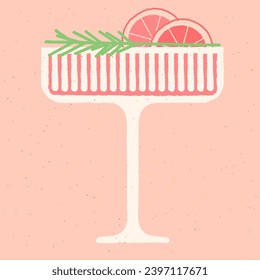 Margarita cocktail glass. Cold alcohol drink with grapefruit and rosemary. Tropical liquid with citrus. Vector illustration with texture. Pink beverage for bar. Beautiful cocktail glass