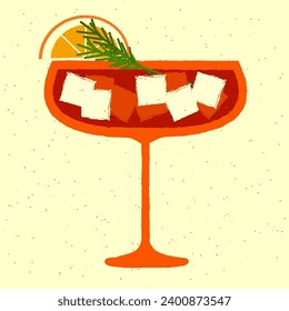 Margarita Cocktailglas. Kaltes Alkoholgetränk mit Grapefruit und Tarragon. Tropische Flüssigkeit mit Zitrusfrüchten und Rosmarin. roter Cocktail auf Glas