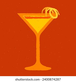 Margarita cocktail glass. Cold alcohol drink with orange fruit and zest. Tropical liquid with citrus fruit. Orange cocktail in glass. Vector flat