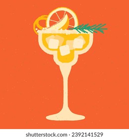 Margarita cocktail glass. Cold alcoholic drink with grapefruit and zest. Tropical liquid with fruits, ice cubes and rosemary. Orange cocktail in glass on a stem. Vector flat illustration with texture