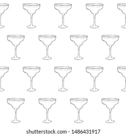 Margarita Cocktail in a glass decorated with sugar. Seamless pattern of cocktails. Monochrome sketch, hand drawing. Outline, doodle. Vector illustration. EPS10