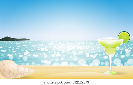 Margarita cocktail glass lime in sandy. Summer time tropical beach cost near ocean, sea with seashell. Sunny summer season. Realistic seascape vector background, calm moody Summer day.