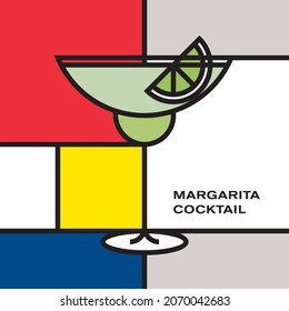 Margarita cocktail in margarita glass with lime slice. Modern style art with rectangular color blocks. Piet Mondrian style pattern.