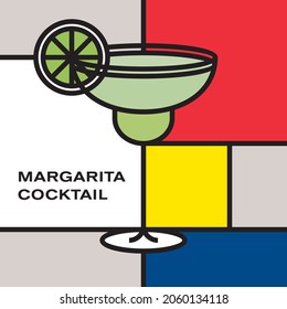 Margarita cocktail in margarita glass. Modern style art with rectangular color blocks. Piet Mondrian style pattern.