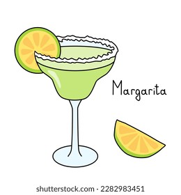 Margarita cocktail in glass with salt rim and lime slice, doodle style vector