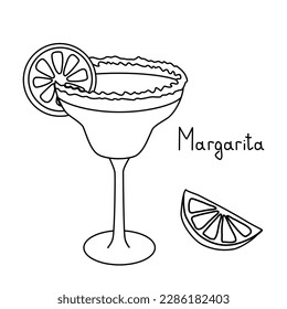 Margarita cocktail in glass with salt rim and lime slice, doodle vector outline for coloring book