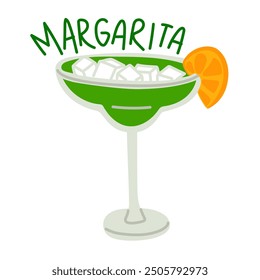 Margarita cocktail in a glass with a slice of lemon, an alcoholic drink, hand-drawn, with ice cubes and salt. Vector flat bright illustration. Mexican refreshing green drink. Bright with a name