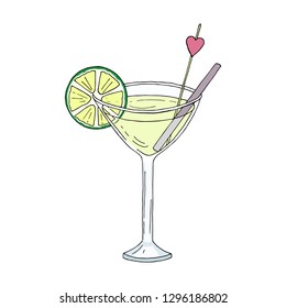 Margarita cocktail in a glass with a slice of lime and a tube isolated on a white background. Hand drawn cartoon style.