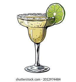 Margarita Cocktail, Hand Drawn Alcohol Drink With Slice Of Lime And Salt. Vector Illustration