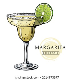 Margarita cocktail, hand drawn alcohol drink with slice of lime and salt. Vector illustration