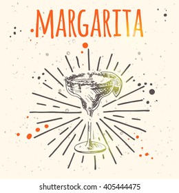 Margarita cocktail. Hand drawn vector illustration. Freehand drink card for cafe, restaurant or bar. Can be used for menu, background, poster, banner, badge, emblem, sticker, placard and other design.