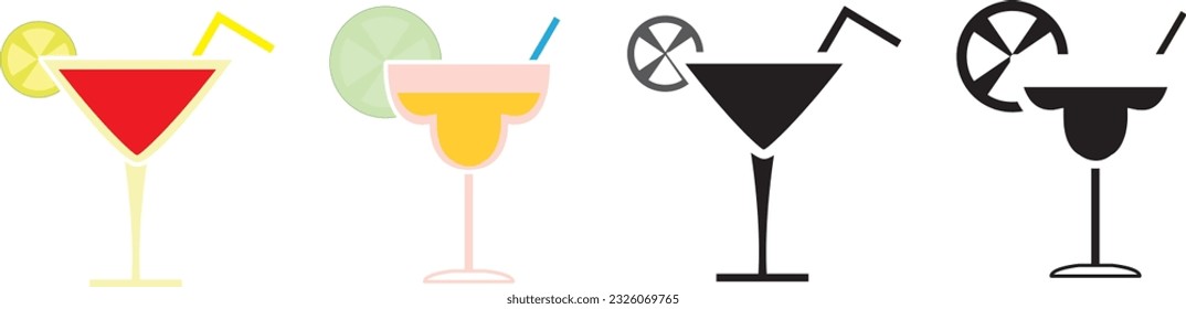 Margarita cocktail icon. Cocktail margarita glass icons set. Line and flat icon