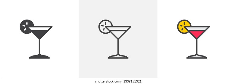 Margarita cocktail icon. Line, glyph and filled outline colorful version, Cocktail glass with lemon slice outline and filled vector sign. Bar symbol, logo illustration. Different style icons set. 