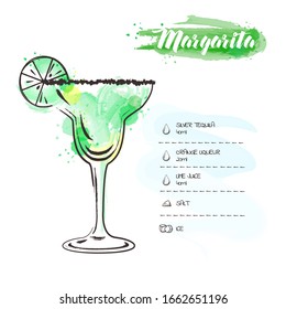 Margarita. Cocktail infographic set. Vector illustration. Colorful watercolor background