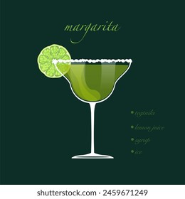 Margarita cocktail isolated on a lemon background. Retro party, Vector illustration, fresh drink menu.
