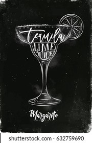 Margarita cocktail lettering orange liqueur, tequila, lime juice in vintage graphic style drawing with chalk on chalkboard background