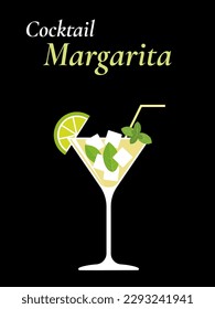 Margarita cocktail with lime, basil, mint and ice, with a straw. Flat vector icon.