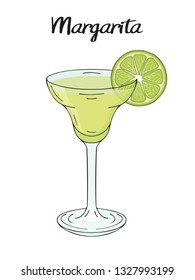 Margarita cocktail, with lime decorations. For cafe and restaurant menu, packaging and advertisement. Hand drawn. Isolated image. Vector illustration.