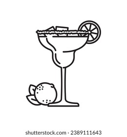 Margarita cocktail and lime fruit vector line icon for Maragarita Day on February 22