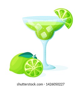 Margarita cocktail with lime. A glass of refreshing drink isolated on white background. Vector illustration.