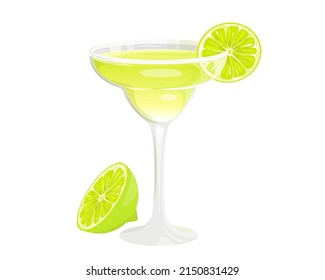 Margarita cocktail with lime in a glass.A summer refreshing drink.Vector illustration.