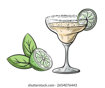 Margarita cocktail with lime hand drawn isolated on white background. Vintage sketch of alcoholic drink glass. Colorful party cocktail. Vector illustration