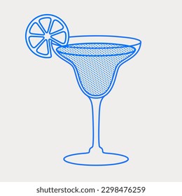 Margarita cocktail with a lime slice. Line art, retro. Vector illustration for bars, cafes, and restaurants.