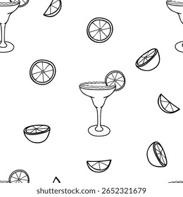 Margarita Cocktail with Lime slices Seamless pattern. Hand drawn graphic Vector illustration in Doodle style.