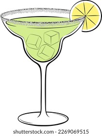 Margarita cocktail with lime wedge and a salt rim on a glass.Classic alcoholic beverage vector illustration