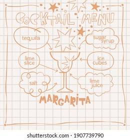 Margarita. Cocktail menu. Alcoholic cold drinks. Recipe. Lettering, arrows, dialog clouds. Stars and dots, blots. Gray checkered background. Isolated vector objects. Cartoon glass. 