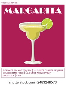 Margarita cocktail on the maroon background. Vector illustration of summer alcohol drink. Alcohol cocktail recipe poster