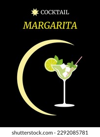 Margarita cocktail on a night background with neon lettering, decorated with a slice of lime, mint and basil. Vector illustration.