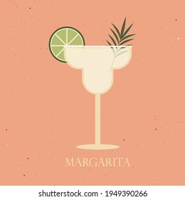 Margarita cocktail on pink background. Vector illustration of alcohol cocktail drink with lime. Classical summer cocktail with sugar decoration and leaf