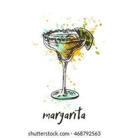 Margarita cocktail on the watercolor splash. Hand drawn vector illustration. Can be used for menu, cafe, restaurant or bar.