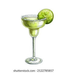 margarita cocktail, on white plate with green lime wedge and ice