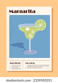 Margarita cocktail recipe concept. Blue cover or poster with drink. Lime slice with ice cubes. Alcohol and beverage for hot weather. Booklet and flyer. Cartoon flat vector illustration