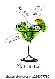 Margarita Cocktail Recipe Description With Ingredients. Vector Sketch Colorful Outline Hand Drawn Illustration On White Background