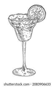 Margarita cocktail with salt and lime. Engraving vector black vintage illustration isolated on white background. Hand drawn design