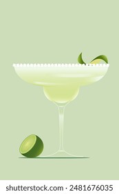 Margarita cocktail in a salt-rimmed margarita glass, garnished with lime against light green background. Vector illustration. Creative design. Alcohol drink, bar menu, refreshment, relaxation concept